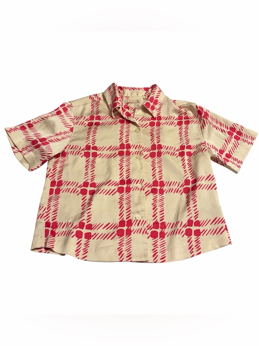 NWOT Uniqlo x Marni Oversized Cropped Camp Shirt XS Red Cream Boxy Button Up - Picture 3 of 4